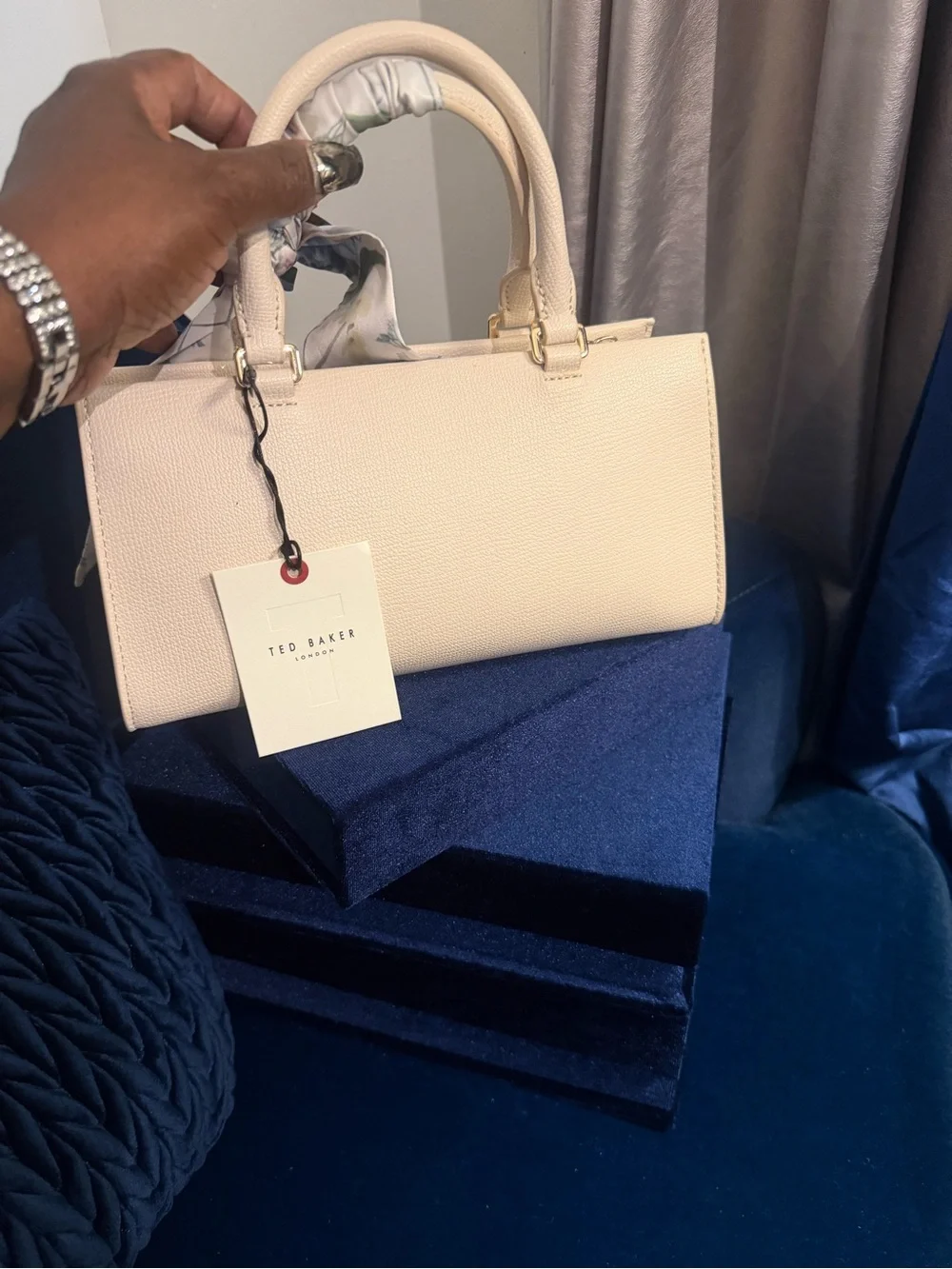 Ted Baker Cream Pebbled Top-Handle Satchel with Floral Scarf Accent